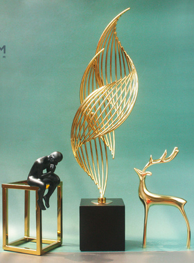 花点道具创意螺旋叶摆件现代金属工艺术品轻奢金色钢条家居装饰品