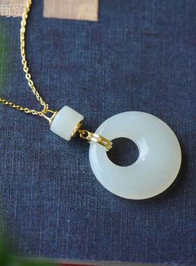 珠宝品偏扣心玉坠复古项s链925银镶和田玉白HD0578玉吊坠首饰饰礼