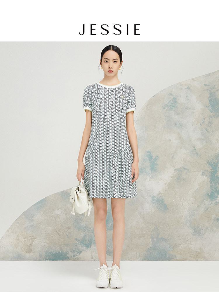 【商场同款】JESSIE夏季气质收腰连衣裙女士撞色圆领印花裙中长款,淘宝优惠券,粉丝福利购,淘宝优惠卷