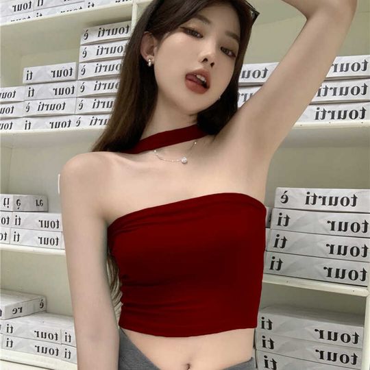 2025夏季新款辣妹上衣短款独特别致抹胸挂脖露背一字肩吊带小背心