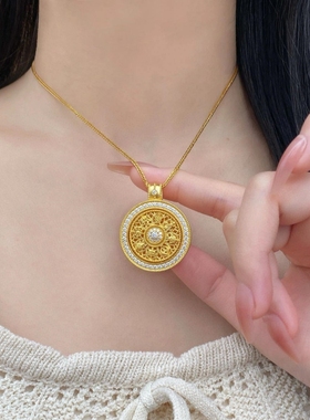 古法金包银点钻旋转八宝罗盘项链