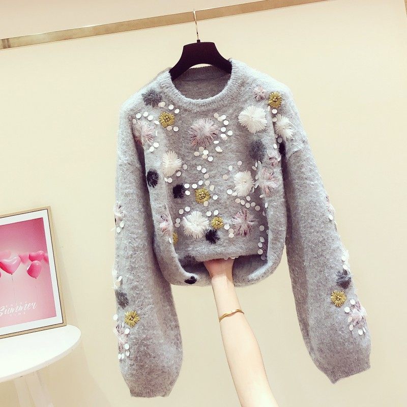 2025秋冬新款韩版重工绣花亮片圆领灯笼袖毛针织衫女慵懒套头毛衣,淘宝优惠券,粉丝福利购,淘宝优惠卷