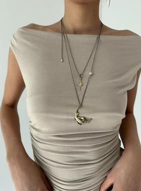 atmshop复古做旧星星月亮吊坠精致民族风新中式叠戴长项链毛衣链