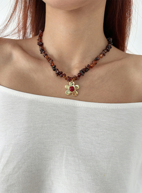 atmshop韩系复古花朵不规则碎石珠串锁骨链ins金色小鱼吊坠长项链