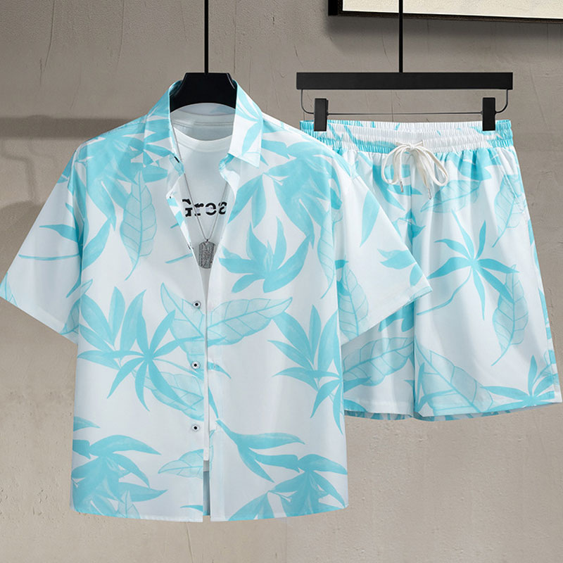 350斤特大码短袖短裤套装男外穿痞帅沙滩度假穿加肥加大衬衫肥仔 - 图1