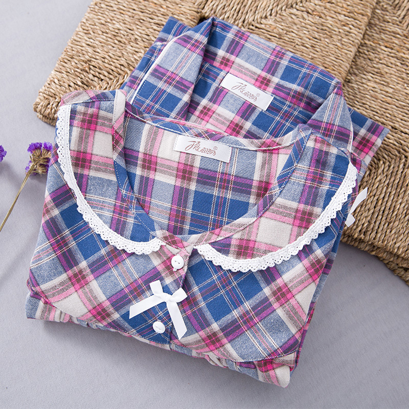 顶呱呱情侣长袖睡衣女纯棉格子磨毛全棉秋季休闲睡衣男家居服套装 - 图1