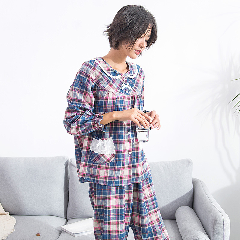 顶呱呱情侣长袖睡衣女纯棉格子磨毛全棉秋季休闲睡衣男家居服套装 - 图0