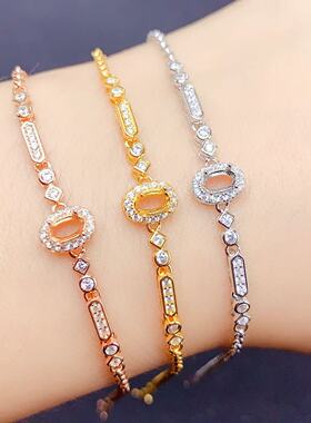 简约S925纯银手链 5*7mm椭圆形 银空托 镀白金玫瑰金黄金色 女
