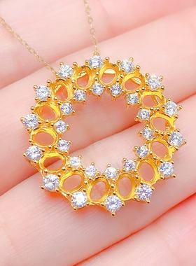 群镶S925银吊坠 空托 椭圆3*4mm 银托镀白金黄金色