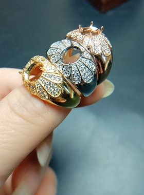 复古风镶钻 S925银戒指 镀18K金 女 活圈 时尚空托 椭圆6*8mm