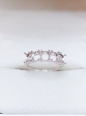 S925银戒指空托 排戒椭圆形4*5mm镀18K白金玫瑰金黄金色 女 镶嵌