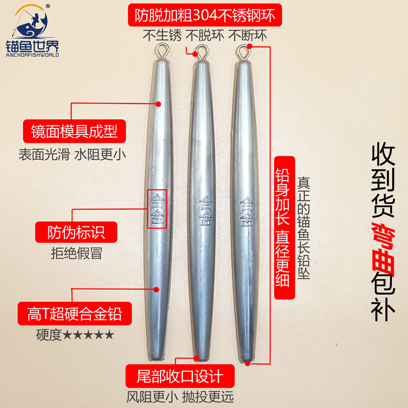 锚鱼世界锚鱼专用合金铅坠长条形圆柱防挂底远投超硬铅笔单环铅坠 - 图0