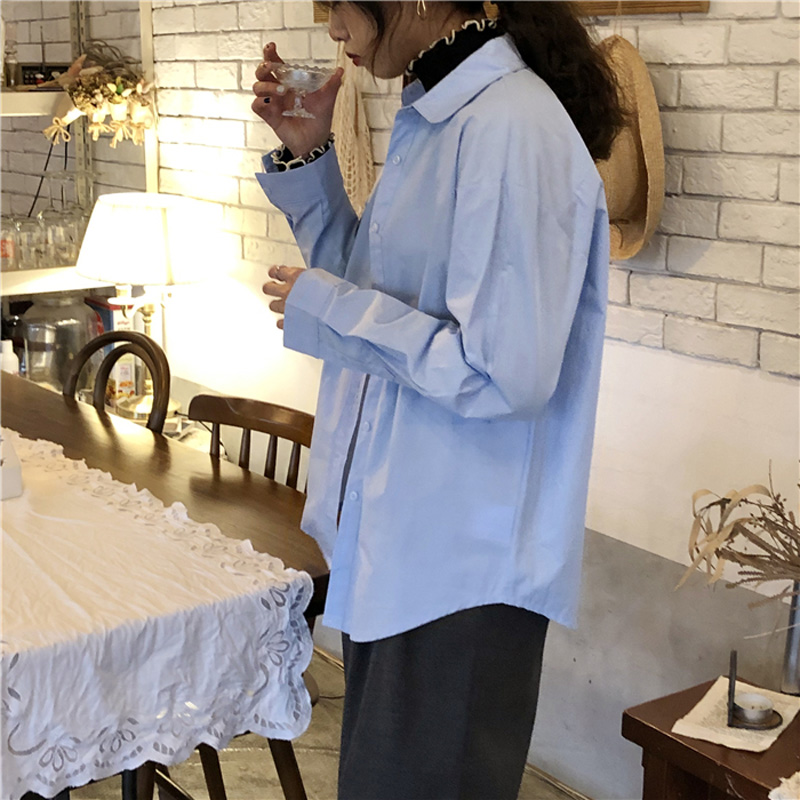 宽松浅蓝长袖衬衣 开衫外套 ins 初秋天蓝色衬衫女小清新少女感 chic 宽松浅蓝长袖衬衣 开衫外套 ins 初秋天蓝色衬衫女小清新少女感 chic