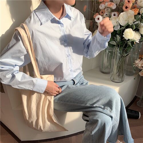日系学生淡蓝色衬衫女小清新学生宽松外搭初秋清爽长袖天蓝色衬衣 - 图0