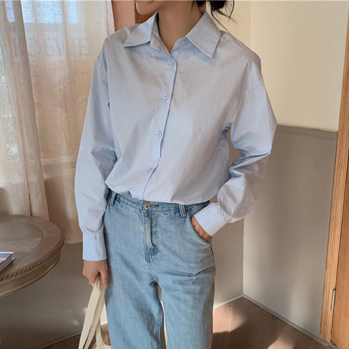 日系学生淡蓝色衬衫女小清新学生宽松外搭初秋清爽长袖天蓝色衬衣 - 图2