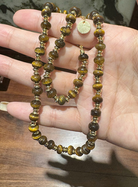 秋冬美拉德虎眼石金棕色珍珠项链女复古时尚高级混彩毛衣链颈链潮