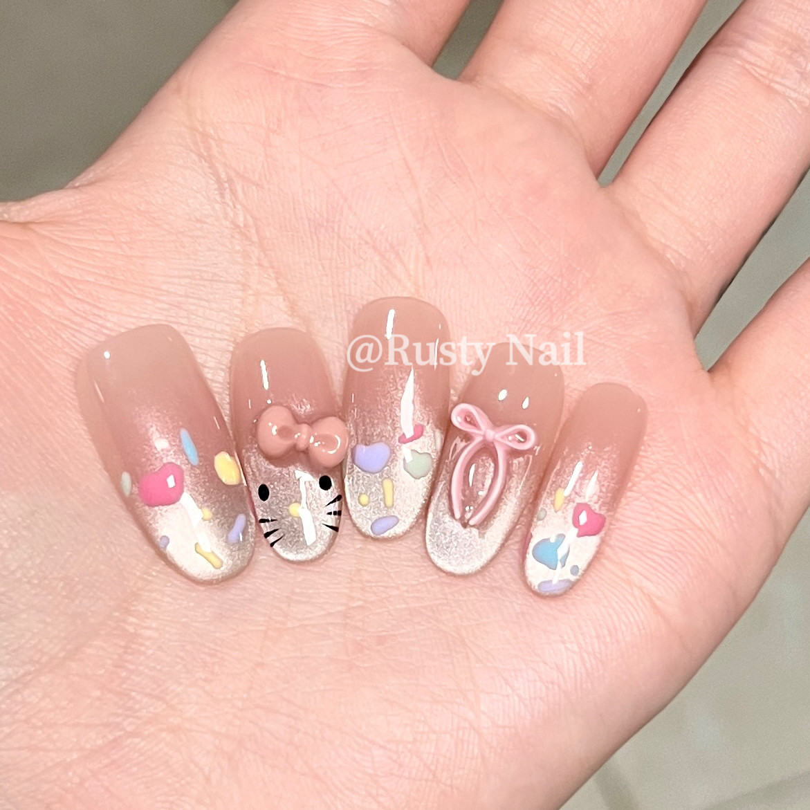 【现货】甜辣y2k蝴蝶结猫眼纯手工穿戴甲粉色kitty多巴胺美甲贴片,淘宝优惠券,粉丝福利购,淘宝优惠卷
