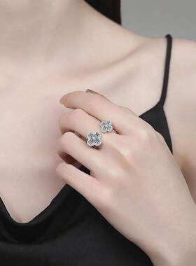 莫桑石四叶草开口戒指轻奢高级感复古时尚通勤百搭气质食指戒手饰