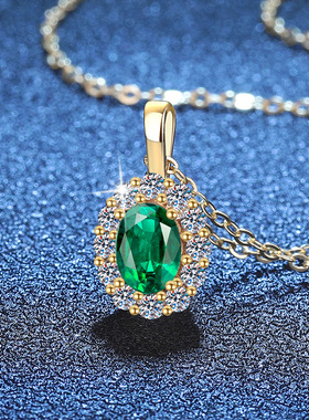 S925纯银莫桑钻石培育祖母绿项链红宝石蓝宝石轻奢复古锁骨链女