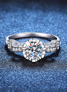 豪华莫桑钻石戒指S925纯银经典六爪皇冠戒指女浪漫花朵求婚戒子