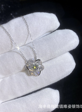 2025新款莫桑石S925银项链女蕾丝花边镂空吊坠满钻花形项链女