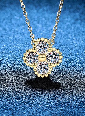 S925纯银项链女玫瑰金色1 2克拉D色莫桑石项链满钻四叶草项链