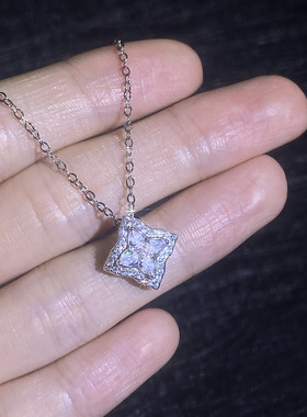 S925纯银莫桑钻石方糖项链1克拉 简约四叶草吊坠轻奢时尚锁骨链