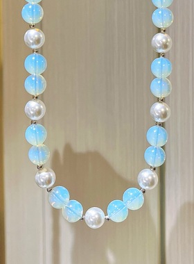 高品质冷白施家珍珠人造月光石设计感毛衣链项链颈链