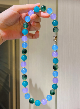 缤纷夏日水润炫彩天河色翡翠紫色石英岩手链项链套装