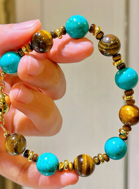 10mm设计感绿松石色石英岩天然虎眼石设计感手链项链套装