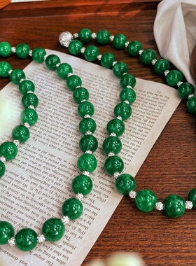 翡翠干青色石英岩玉钻石球扣项链锁骨链女