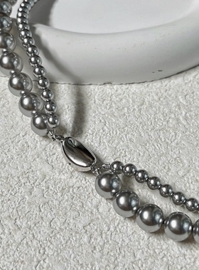 双层叠戴真多麻灰色施家珍珠项链女轻奢小众气质锁骨链项链女