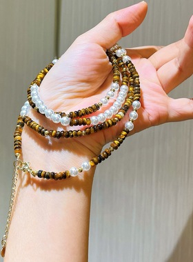 秋冬美拉德天然虎眼石高光冷白长款施家珍珠毛衣链项链锁骨链女