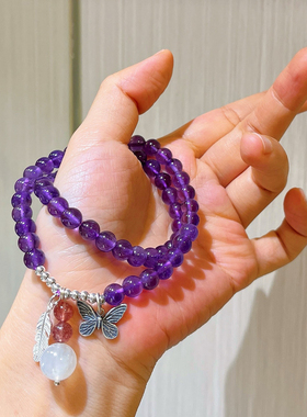 925银6mm玻璃体天然乌拉圭皇家紫紫水晶多圈手链