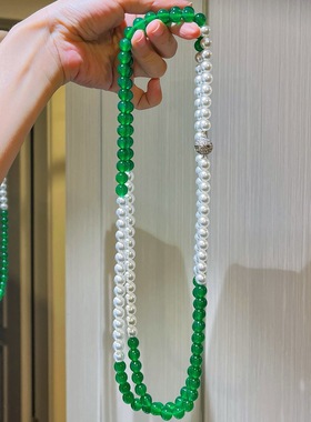 秋冬天然绿玉髓高光冷白仿澳白长款施家珍珠毛衣链项链锁骨链女