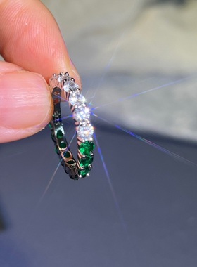 925银人造钻石祖母绿排戒精致小众设计双色指环女