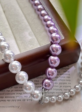 国风复古正圆强光紫色渐变人造水晶珍珠可调节项链锁骨链