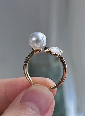 8mm冷白光施家珍珠戒指时尚简约开口戒指女