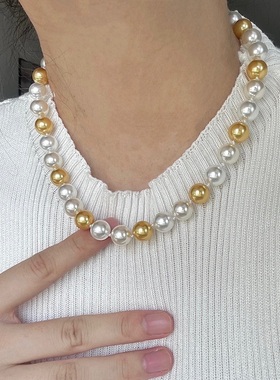 10mm混彩冷白 暖白菲律宾茶金三色颗颗打结施家珍珠项链