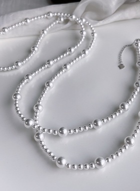 施家珍珠长款满天星项链百搭毛衣链简约多层锁骨链串珠白色叠戴女