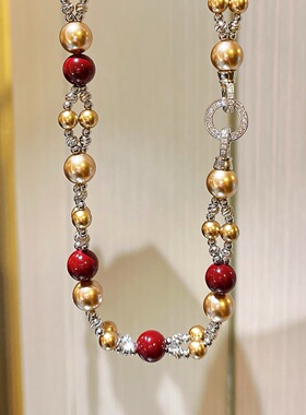 秋冬美拉德安可拉红金棕色施家珍珠缠绕双层项链锁骨链