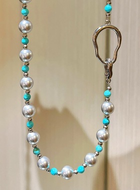 秋冬高品高光真多麻色长款施家珍珠人造绿松石毛衣链项链锁骨链女