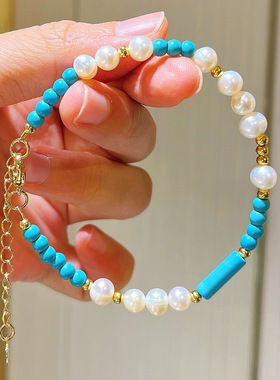 复古秋冬天然淡水珍珠仿绿松石手链项链套装