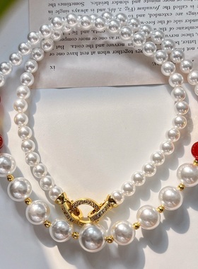 国风美拉德复古强光人造水晶珍珠天然红玉髓混穿项链锁骨链