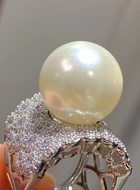 16mm天然贝珠珍珠戒指群镶高级感