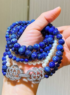 复古高品质天然青金石淡水珍珠设计感项链毛衣链锁骨链女