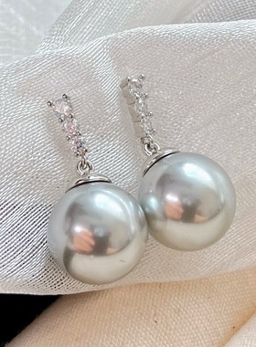 法式大颗粒通勤款仿海水铂金灰施家珍珠吊坠耳钉耳环耳饰配送链子