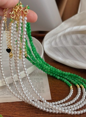 浅绿色石英岩配上施家冷白baby珠项链锁骨链女