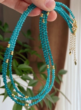 撞色设计深浅绿色人造蓝宝石锁骨链项链