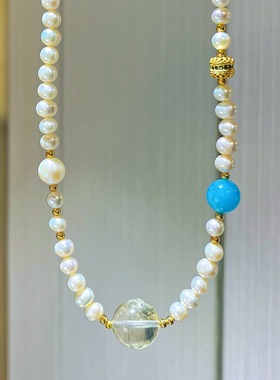 5-6mm复古天然淡水珍珠黄水晶毛衣链多种戴法项链